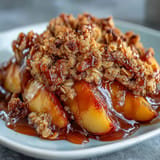 Sweet and savory Miso Caramel Peach Crisp, perfect for summer gatherings.