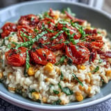 A comforting bowl of Summer Tomato Corn Risotto, garnished with fresh basil, ready to enjoy.
