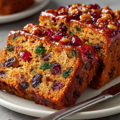A sliced Mulled Wine-Spiced Fruitcake Loaf showing a cross-section of jewel-toned dried fruits.