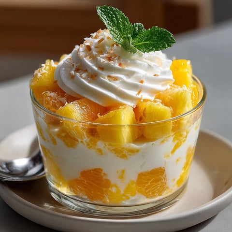 Layered Candy Corn Fruit Parfaits: Orange, yellow pineapple, topped with creamy white yogurt.