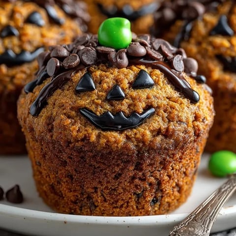 Warm, spiced whole wheat pumpkin muffins with chocolate chip faces, fresh from the oven.