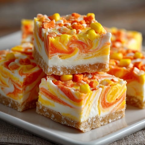 Creamy, tri-layered Candy Corn Fudge Swirl sliced into squares, ready to enjoy.
