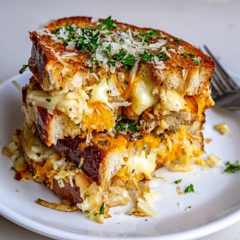 Golden Cheesy Garlic French Toast Stacks, a bubbling cheesy delight ready to serve.