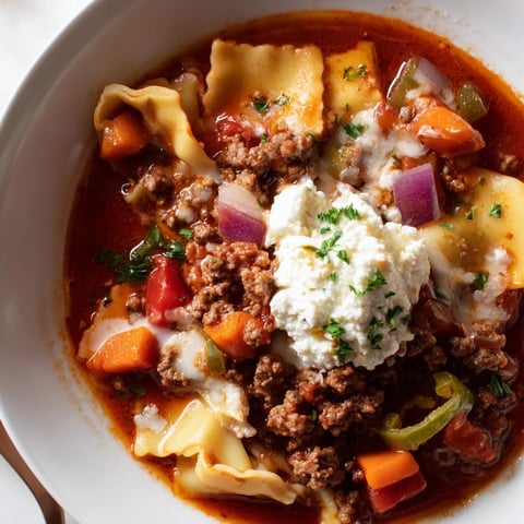 Hearty lasagne soup with a cheesy jalapeño twist, perfect for cold evenings.  