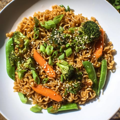 Steaming bowl of Ramen Noodle Stir-Fry Remix, with colorful veggies and a savory sauce aroma.