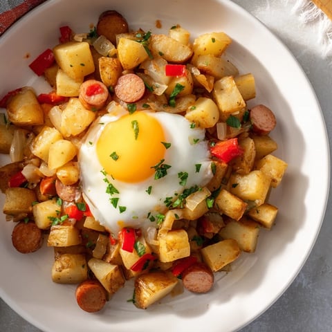 Egg & Potato Hash with Hot Dogs, golden potatoes, onions, and sunny-side-up eggs ready to serve.