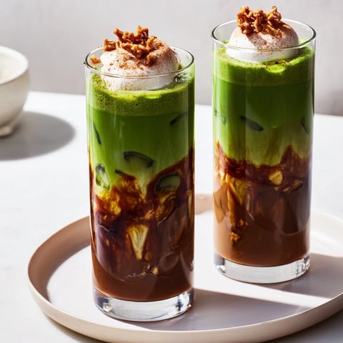 Creamy layered Caramel Brulée Iced Matcha Christmas Coffee Dupe, a refreshing holiday beverage with whipped cream.