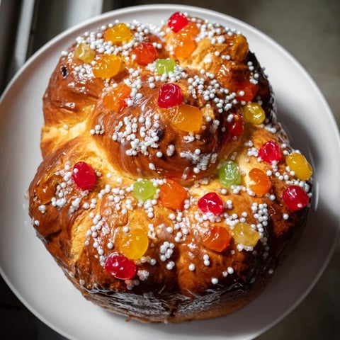 Golden, glistening Couronne de Roi Bijoux Sucrés, a French crown bread bursting with candied fruit jewels.