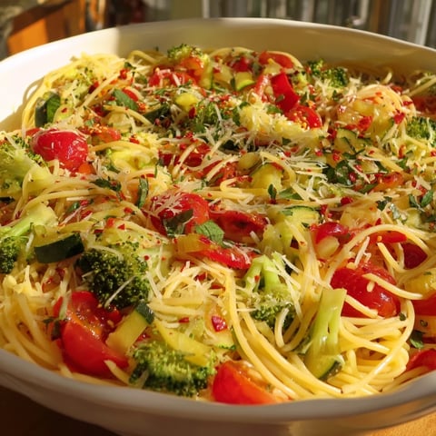 Vibrant bowl of Ditalini with Air-Fried Vegetables, ready to serve with Parmesan and fresh herbs.