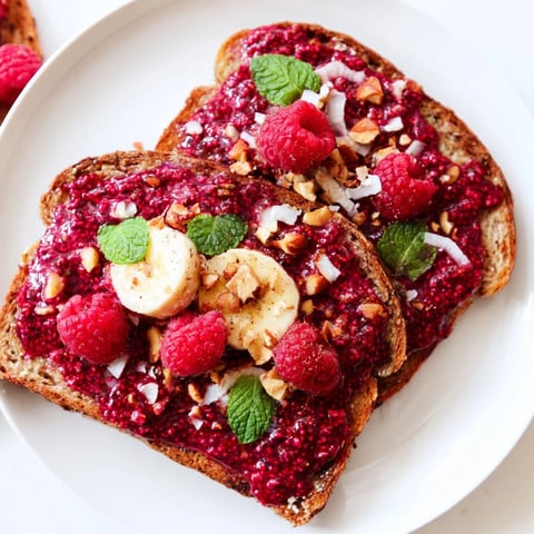 Vibrant raspberry chia jam toast, a delightful breakfast or snack, drizzled with maple syrup.
