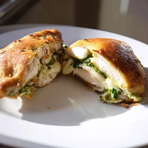 Juicy Mozzarella & Pesto Stuffed Chicken breasts, baked golden with melted cheese and fragrant basil filling.