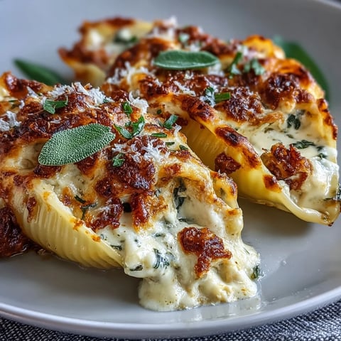 Golden, bubbly Pumpkin & Gouda Stuffed Shells are garnished with crispy sage leaves.