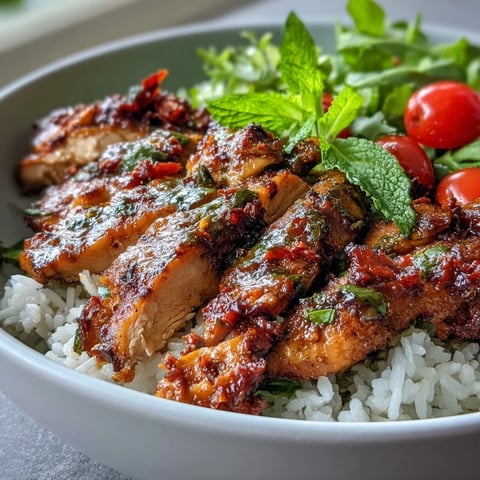 Juicy marinated chicken slices over fluffy rice and crisp greens, ready to serve this Sun-Dried Tomato Chicken Bowl.