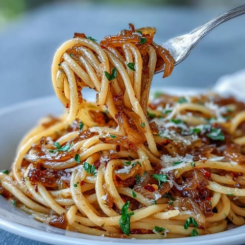 Golden caramelized onions and al dente spaghetti are tossed with homemade chili oil and topped with fresh Parmesan.