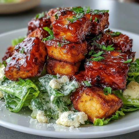 Crispy Buffalo Tofu with Creamy Caesar Salad topped with golden tofu cubes and fresh romaine lettuce on a plate.