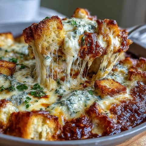 Golden, bubbly mozzarella tops layered Cheesy Garlic Bread Lasagna Skillet in a cast iron pan, ready to serve.