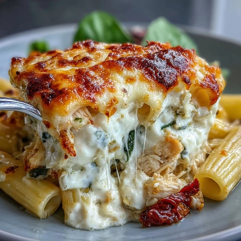 Golden-brown Greek Yogurt Chicken Alfredo Bake fresh from the oven, featuring creamy sauce and melted cheese topping.