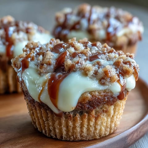 Freshly baked Caramel Cream Cheese Swirl Muffins with a golden-brown crumb and gooey caramel drizzle, perfect for a cozy snack.