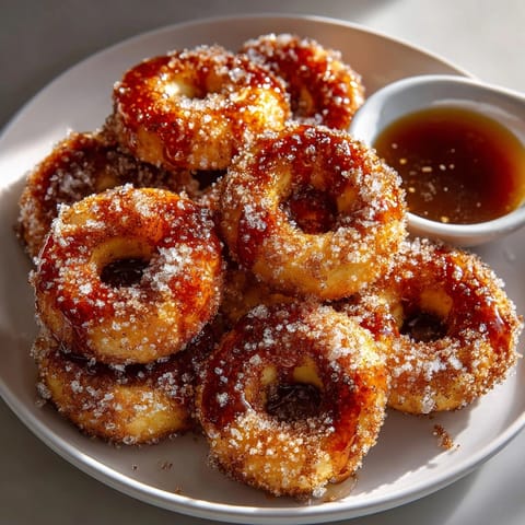 Crispy Baked Cinnamon Sugar Apple Rings, glistening with melted butter and a dusting of sugar.