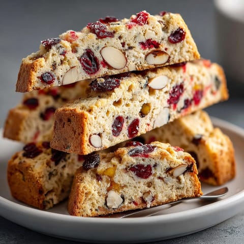 Crunchy, twice-baked Cranberry Orange Cinnamon Biscotti, bursting with citrus and spice flavors, ready for dessert.