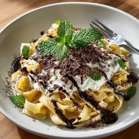 A close-up view of flavorful tiramisu pasta, a unique dish topped with grated dark chocolate, ready to serve.