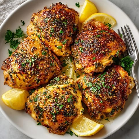 Juicy garlic herb chicken thighs served hot with lemon wedges and aromatic herb accents.
