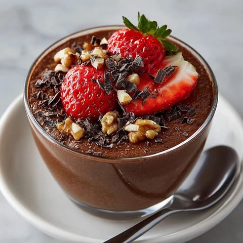 Creamy chocolate avocado pudding served chilled, topped with vibrant strawberries and coconut whipped cream.