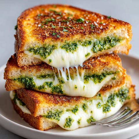 Hot Grilled Cheese with Pesto and Mozzarella on a plate, crispy edges and vibrant pesto showing.