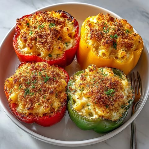 Cheesy macaroni filling nestled inside vibrant roasted bell peppers, a comforting mac and cheese stuffed peppers recipe.