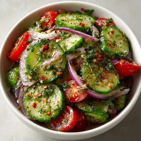 Close-up of Marinated Cucumbers, Onions, and Tomatoes featuring vibrant colors and crisp vegetable textures.