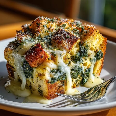 Sliced overnight breakfast strata with spinach and cheese served warm, perfect for family brunch.