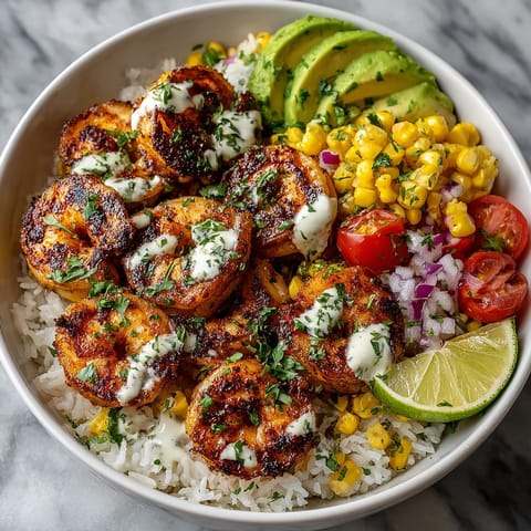 Grilled shrimp bowl featuring smoky shrimp, ripe avocado, and zesty corn salsa, perfect for summer dinners.
