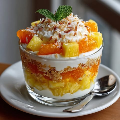 Creamy Candy Corn Fruit Parfaits: Fruity layers shine in glass, dessert for healthy eating.