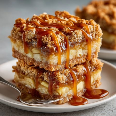 Buttery Salted Caramel Apple Crisp Bars showing layers of crust, apples, crumble topping.