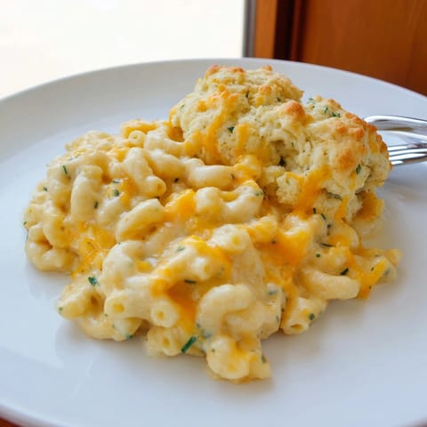 Creamy Mac and Cheese Chive Biscuit Bake, ready to serve from the oven.