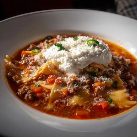 Savor this comforting lasagne soup topped with rich cheeses and spicy jalapeños.  
