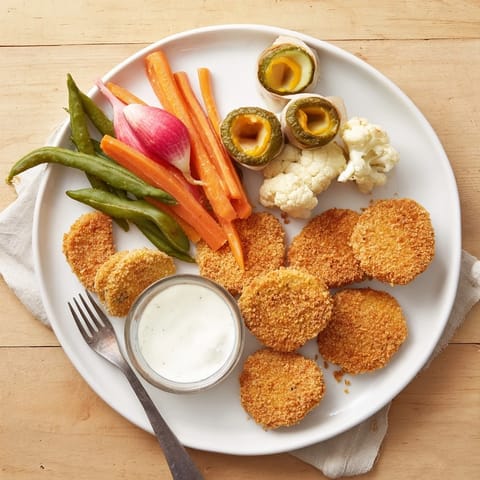 A delicious array of fried pickles and pickled-wrapped bites on a rustic platter.  