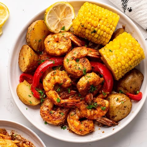 A flavorful Cajun shrimp and sweet corn platter garnished with fresh parsley.  