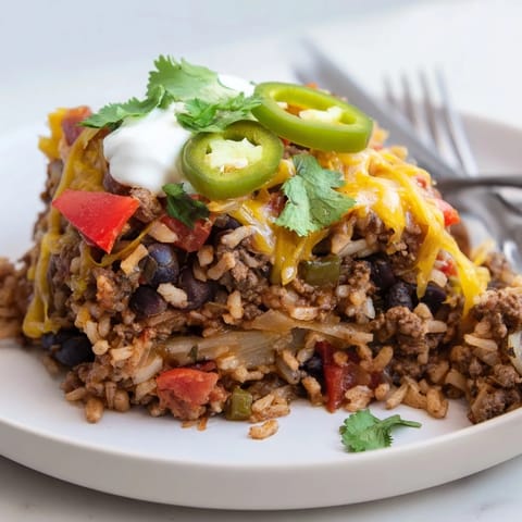 Hearty Tex-Mex Beef & Rice Casserole topped with melted cheese and fresh cilantro.  