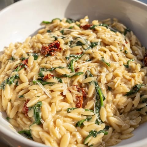 Creamy Tuscan Orzo Bowl stirred with vibrant spinach and sun-dried tomatoes, bursting with flavor.  