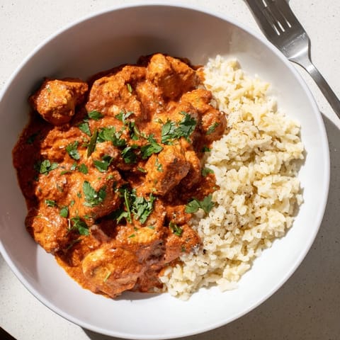 Creamy butter chicken in vibrant tomato sauce, paired with fragrant basmati rice pilaf.  