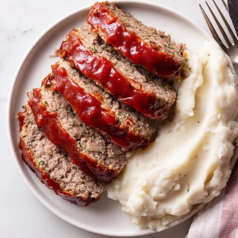 Classic Meatloaf topped with savory glaze, served alongside fluffy mashed potatoes.  