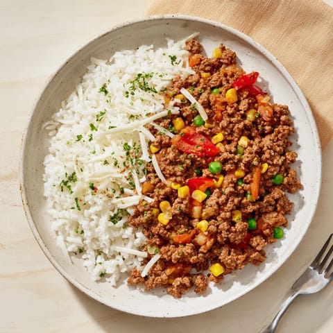 Steaming Ground Beef Skillet with Veggies & Rice, ready to serve with fresh herbs, a complete dinner.