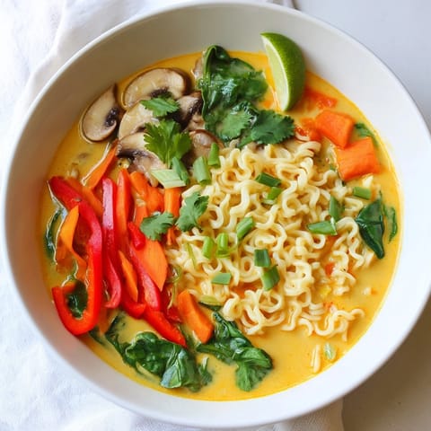 Creamy and fragrant Curry Coconut Ramen, featuring colorful vegetables in a rich broth.