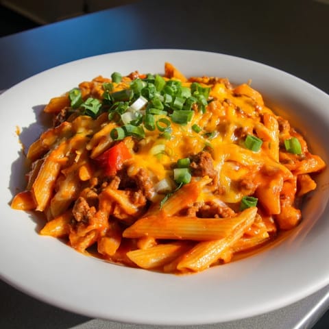 Rich and savory Easy Beef Enchilada Pasta, garnished with cilantro, ready to serve and enjoy.