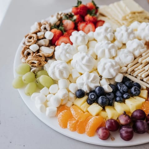 This Cloud & Rainbow Grazing Board includes sweet treats and fresh fruit, making a delightful platter.
