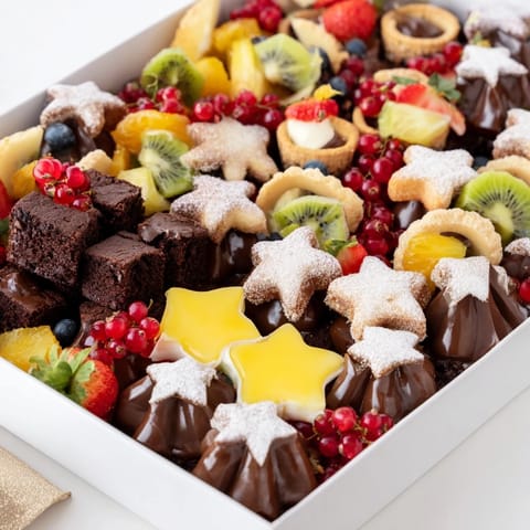 A beautifully arranged Star-Studded Dessert Board overflowing with treats, dips, and colorful fresh fruit selections.
