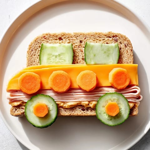 A creative children's plate of Road Trip Ready Car-Shaped Lunch, complete with fresh grape sides for fun.