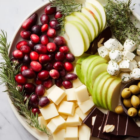 A beautifully arranged Cranberry Joy Tree Board shows fresh cranberries, rosemary, and assorted cheeses ready to enjoy.