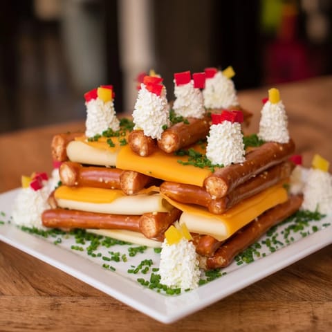 This Rustic Log Cabin recipe shows a vibrant appetizer with cheese and pretzel "logs", perfect for parties.